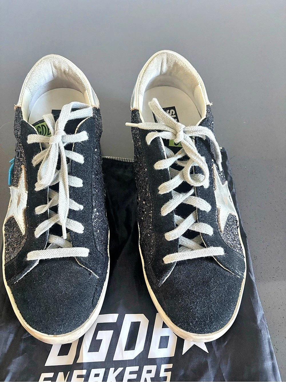 Golden Goose Super-Star Sneakers in Black Glitter with Silver Stars